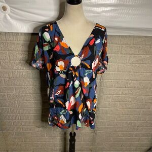 Bar III Womens Multi-Color V-Neck O-Ring Cuffed Swim Coverup Dress‎ Size Medium